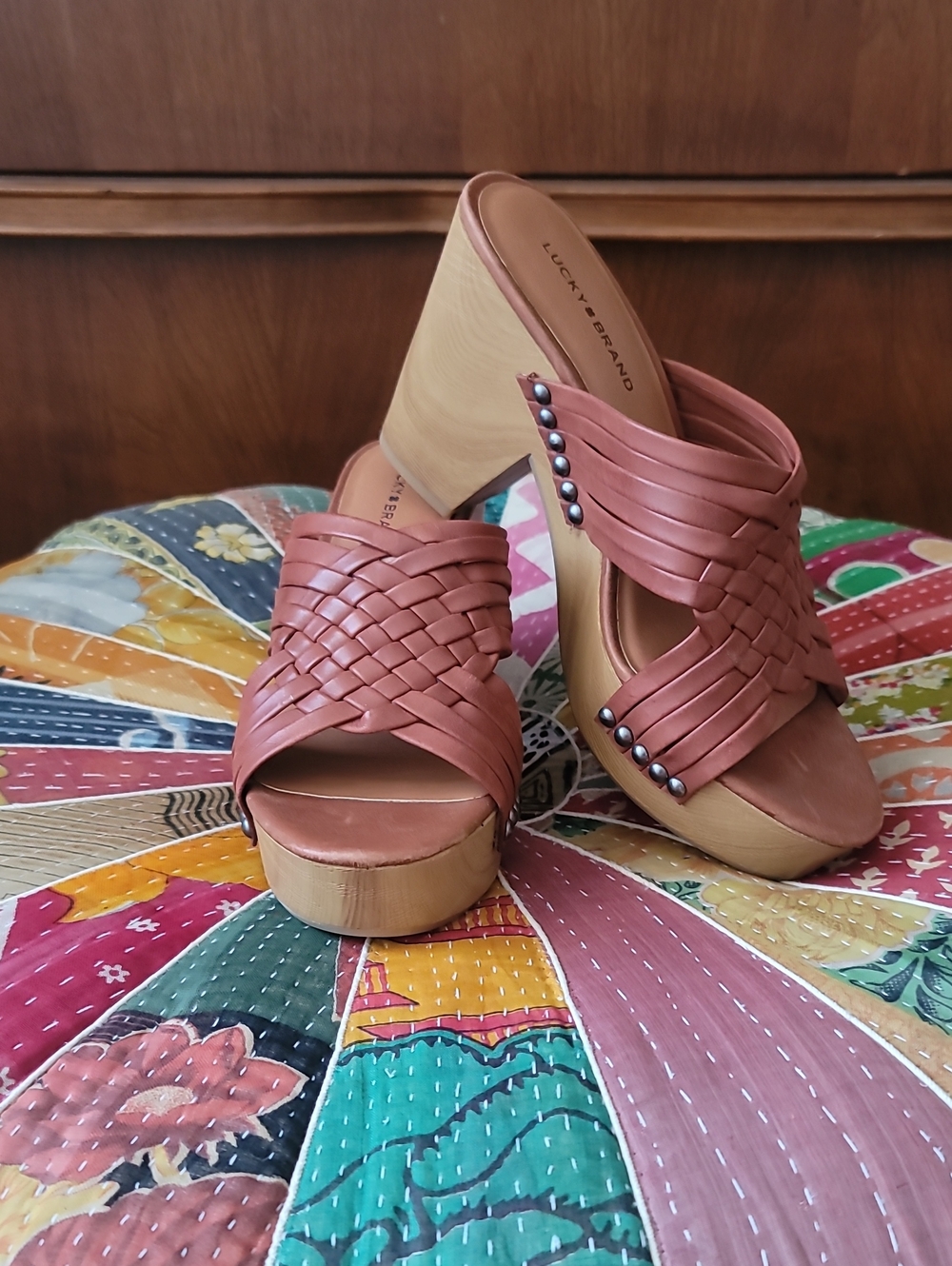 Lucky Brand Boho Chestnut Brown Leather Woven Platform Clogs with Stud Details
